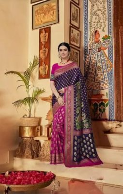Wine Berry Blue Pure Handloom Banarasi Silk Cotton Saree From Banaras