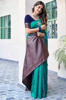 Dark Aquamarine Pure Handloom Banarasi Silk Saree From Banaras