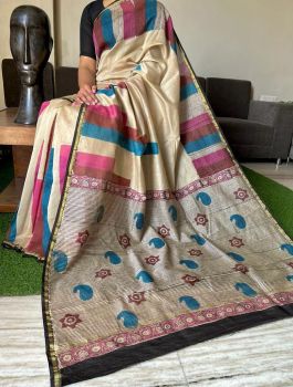 Cream Hand Block Printed Chanderi Silk Saree From Rajasthan