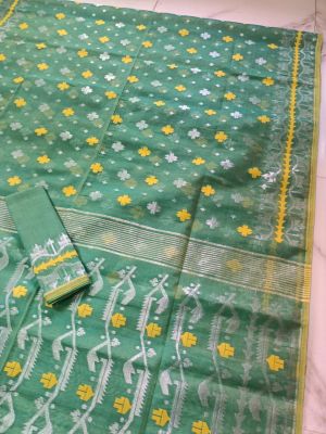 Dark Aquamarine Pure Handloom Dhakai Jamdani Saree From Bengal