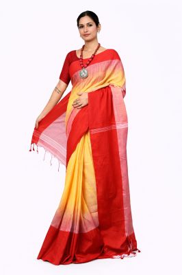 Yellow Red Pure Handloom Cotton Saree From Bengal