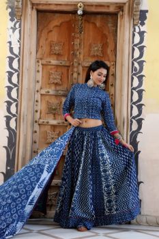 Navy Blue Hand Block Printed Cotton Top Skirt With Dupatta