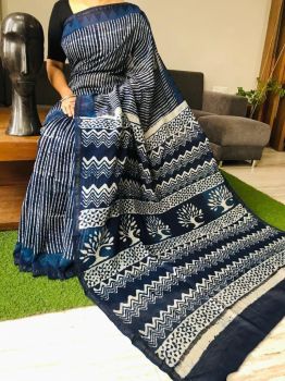 Blue White Hand Block Printed Chanderi Silk Saree From Rajasthan