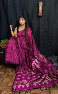 Purple Pure Handloom Silk Cotton Saree From Bengal