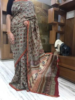 White Red Hand Block Printed Chanderi Silk Saree From Rajasthan