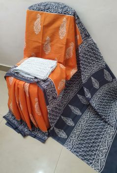 Orange Black Hand Block Printed Work Saree