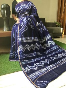 Navy Blue Hand Block Printed Chanderi Silk Saree From Rajasthan