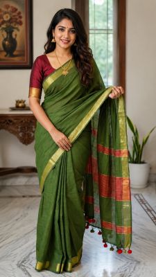 Mehandi Green Pure Handloom Cotton Saree From Bengal