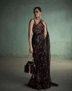 Black Flower design Four Side Frill Lace Sequence Work Net Saree