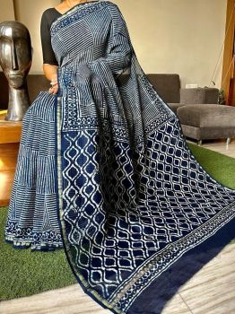 Blue White Hand Block Printed Chanderi Silk Saree From Rajasthan