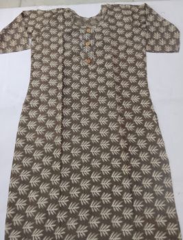 Grey Olive Pure Handloom Cotton Bagru Kurti From Bengal