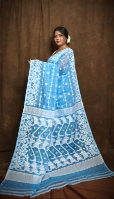 Sky Blue Pure Handloom Dhakai Jamdani Saree From Bengal