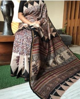 Cream Black Hand Block Printed Chanderi Silk Saree From Rajasthan