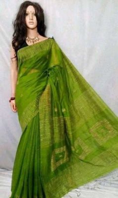 Green Pure Handloom Silk Cotton Saree From Bengal