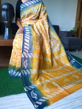 White Yellow Blue Hand Block Printed Chanderi Silk Saree From Rajasthan