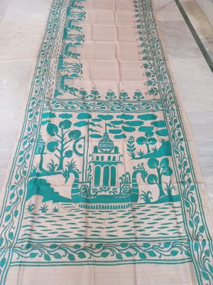 Sea Blue Pure Handloom Kantha Silk Saree From Bengal