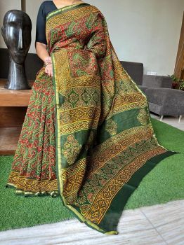 Green Hand Block Printed Chanderi Silk Saree From Rajasthan