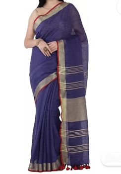 Dark Blue Plain Hand Woven Linen Saree