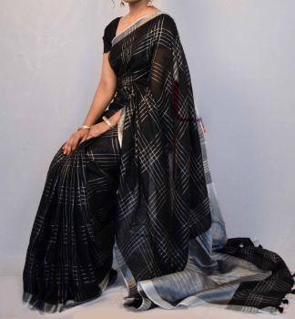 Black & Silver Plain Hand Woven Linen Saree