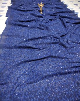 Dark Blue Georgette Chikankari Saree From Bengal