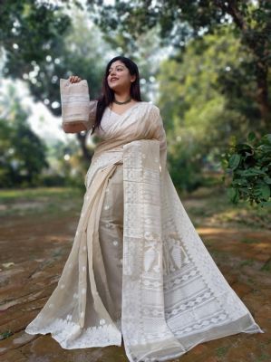 Light Coffee Brown Pure Handloom Dhakai Jamdani Saree From Bengal