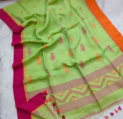 Parrot Green Pure Handloom Linen By Linen Saree From Bengal
