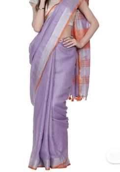 Purple & Silver Plain Hand Woven Linen Saree