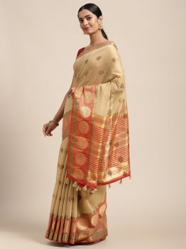 Beige Ethnic Motifs Zari Silk Cotton Chanderi Saree