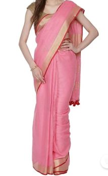 Pink & Red Plain Hand Woven Linen Saree