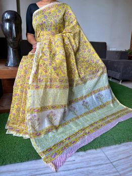 Yellow Hand Block Printed Chanderi Silk Saree From Rajasthan