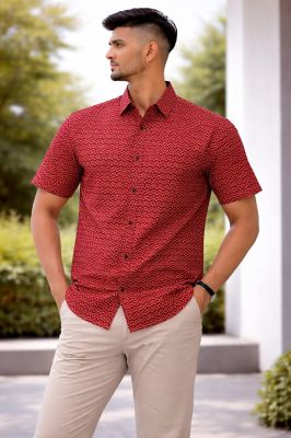 Red Santiniketan Pure Cotton Men Kurta