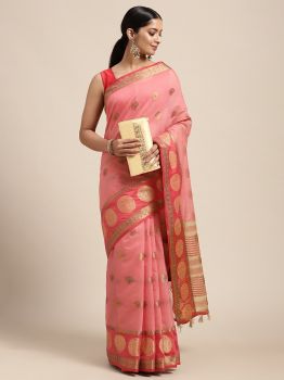Pink Gold-Toned Ethnic Motifs Zari Silk Cotton Chanderi Saree