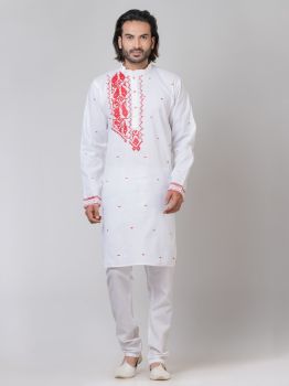 White Pure Handloom Katha Stitch Kurta From Bengal