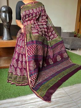 Purple Hand Block Printed Chanderi Silk Saree From Rajasthan