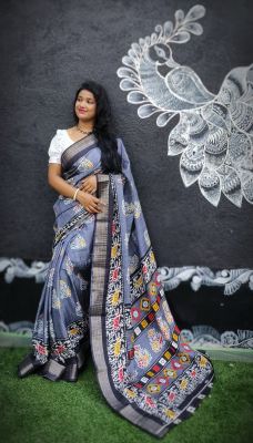 Gray Pure Handloom Tussar Silk Saree From Bengal