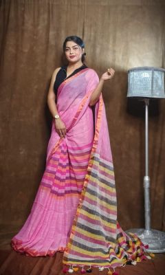 Baby Pink Pure Handloom Linen By Linen Saree From Bengal