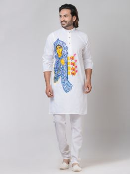 White Pure Handloom Katha Stitch Kurta From Bengal