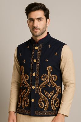Black Cotton Kantha Hand Stitch Jacket From Bengal