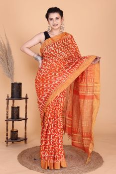 Orange Hand Block Printed Linen Cotton Saree From Rajasthan