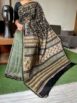 Green Black Hand Block Printed Chanderi Silk Saree From Rajasthan