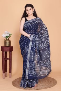 Blue Hand Block Printed Linen Cotton Saree From Rajasthan