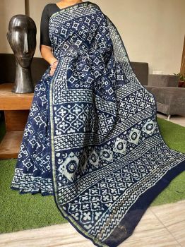 Navy Blue Hand Block Printed Chanderi Silk Saree From Rajasthan