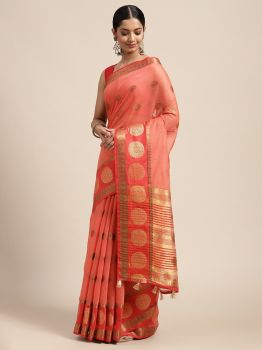 Pink & Gold-Toned & Zari Silk Cotton Chanderi Saree