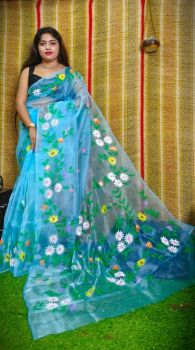 Sea Blue Hand Printed Pure Handloom Organza Saree