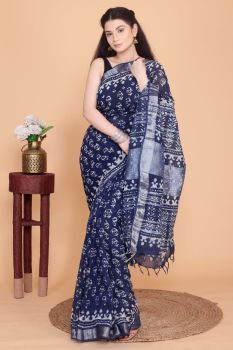 Blue White Hand Block Printed Linen Cotton Saree From Rajasthan