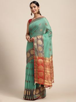 Turquoise Blue & Zari Silk Cotton Chanderi Saree
