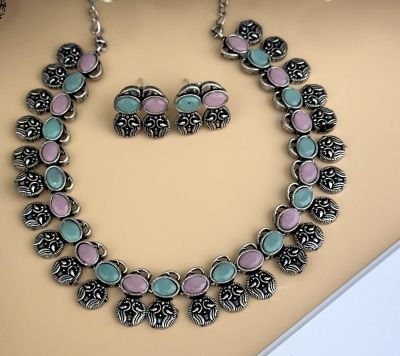 Silver Pure Oxidised Necklace With Multi Colour Stone Jewellery