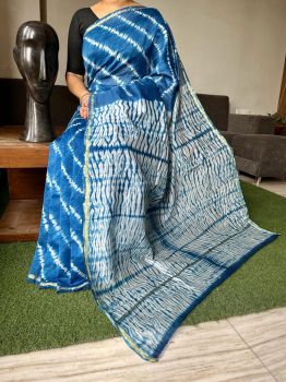Blue White Hand Block Printed Chanderi Silk Saree From Rajasthan