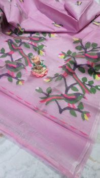 Pink Pure Handloom Dhakai Jamdani Resham Saree From Bengal