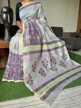 White Purple Hand Block Printed Chanderi Silk Saree From Rajasthan